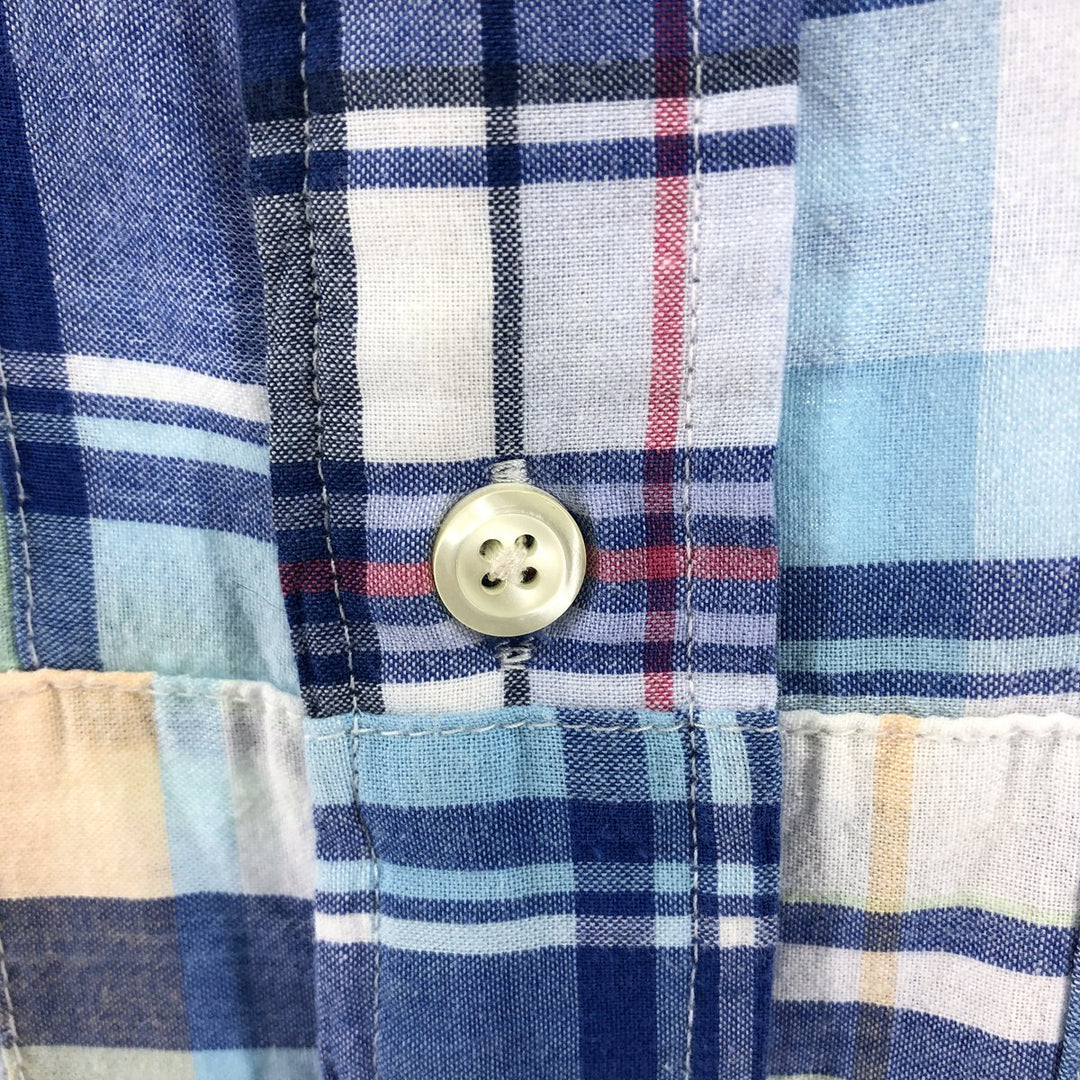 Brooks Brothers 1818 Patchwork Short Sleeve Button-Down Check Shirt, Men's Size L cotton blue type Vintage Second Hand