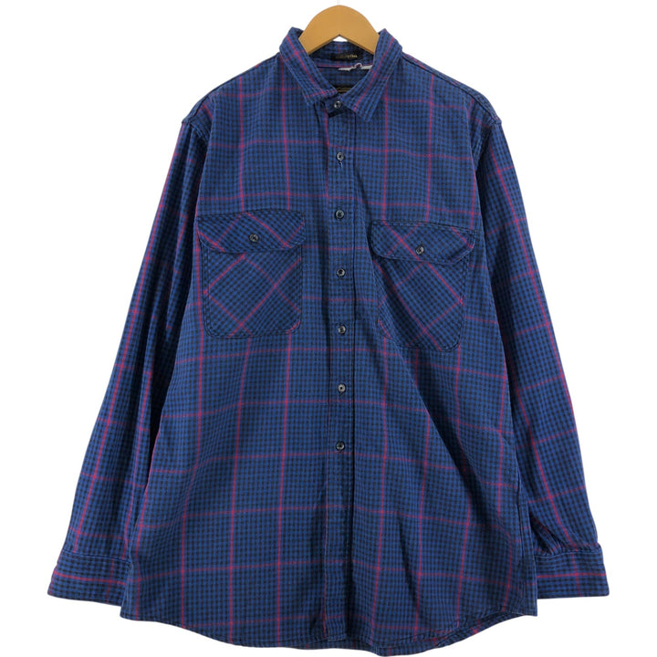 90'S Eddie Bauer Long Sleeve Flannel Check Shirt Made in USA Men's XL Vintage cotton blue type Vintage Second Hand