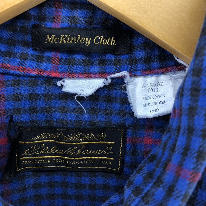 90'S Eddie Bauer Long Sleeve Flannel Check Shirt Made in USA Men's XL Vintage cotton blue type Vintage Second Hand