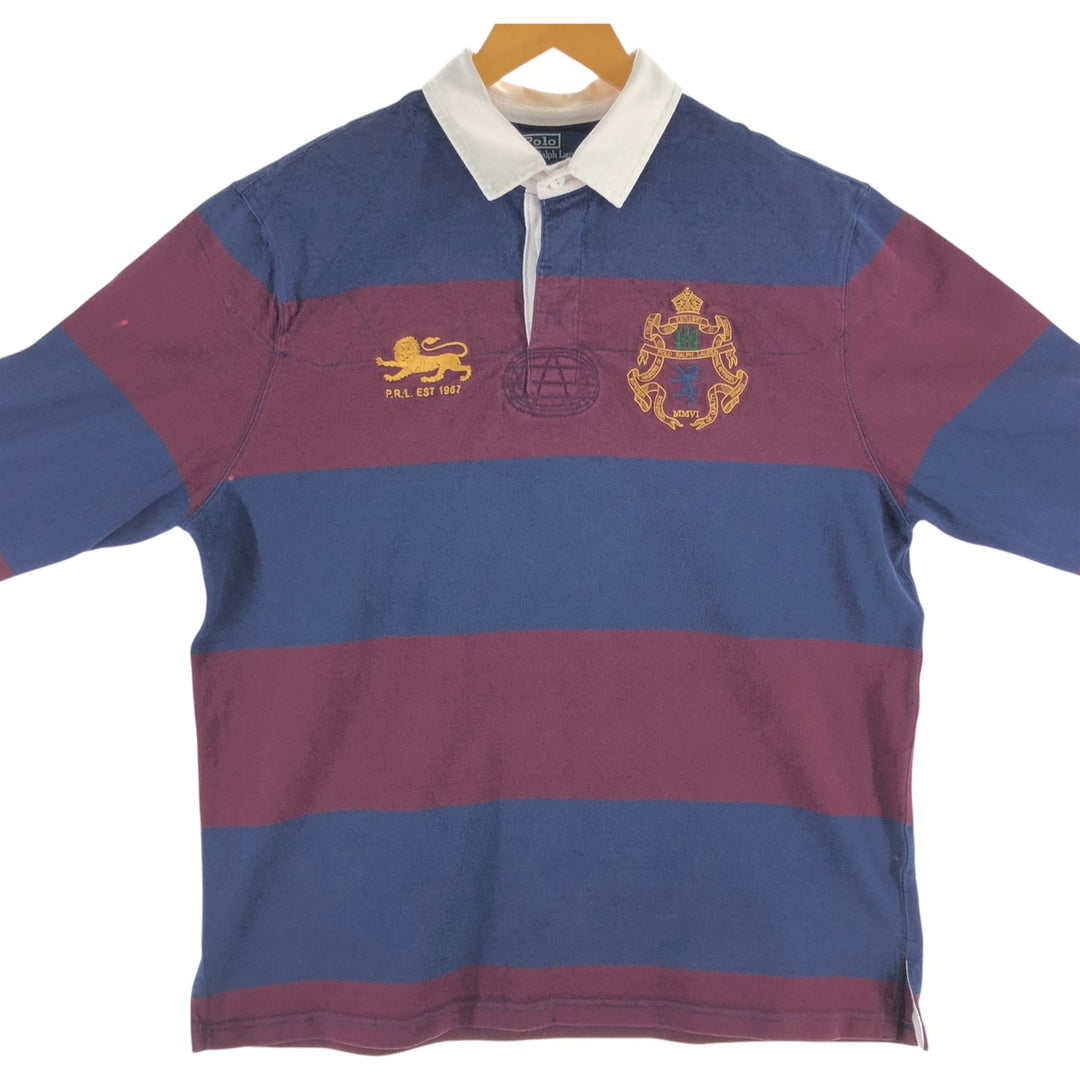 Ralph Lauren POLO by Ralph Lauren CUSTOM FIT Border Pattern Long Sleeve Rugby Shirt Men's XL cotton navy blue type Vintage Second Hand