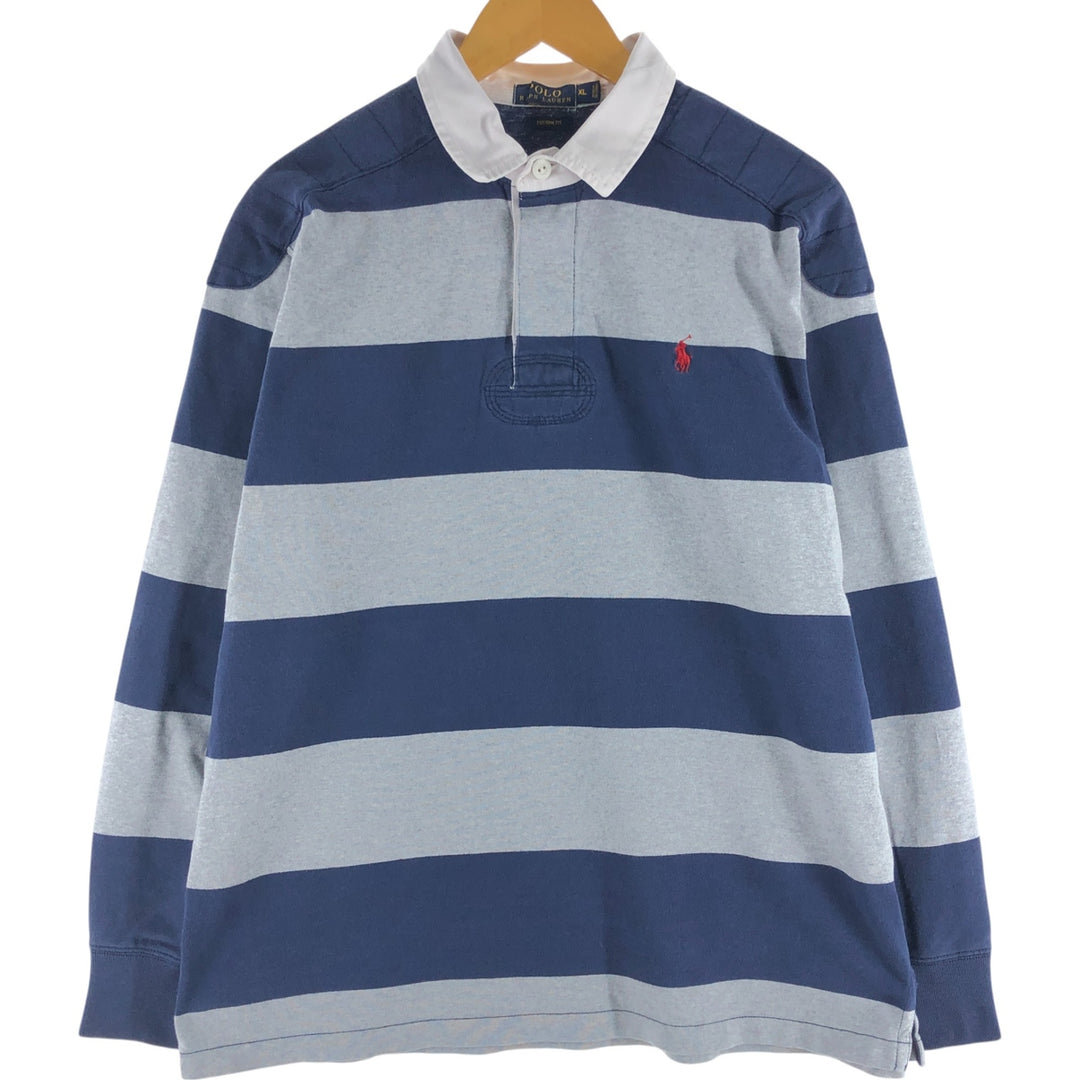 Ralph Lauren POLO RALPH LAUREN CUSTOM FIT Border Pattern Long Sleeve Rugby Shirt Men's XL cotton gray type Vintage Second Hand