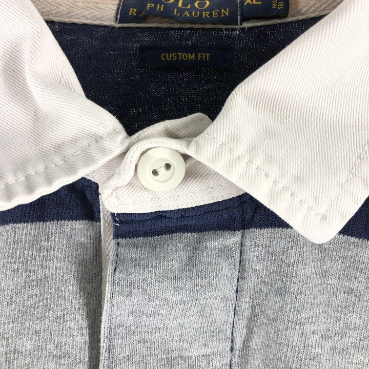 Ralph Lauren POLO RALPH LAUREN CUSTOM FIT Border Pattern Long Sleeve Rugby Shirt Men's XL cotton gray type Vintage Second Hand