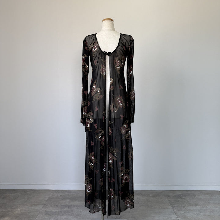 LEG AVENUE Dragon Pattern Maxi Length See-Through Gown Room Robe Women's XL Size Nylon black type Vintage Second Hand