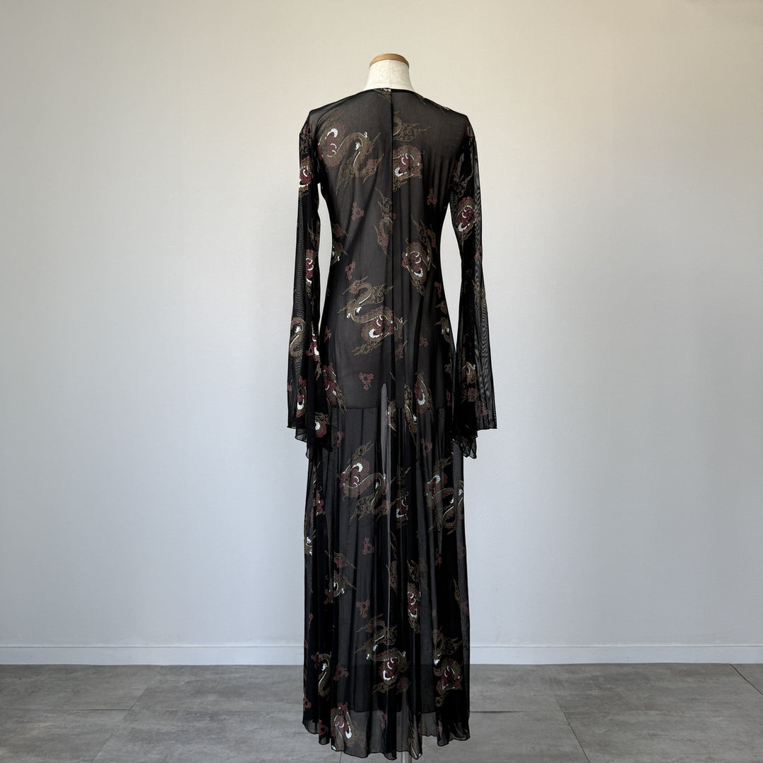 LEG AVENUE Dragon Pattern Maxi Length See-Through Gown Room Robe Women's XL Size Nylon black type Vintage Second Hand