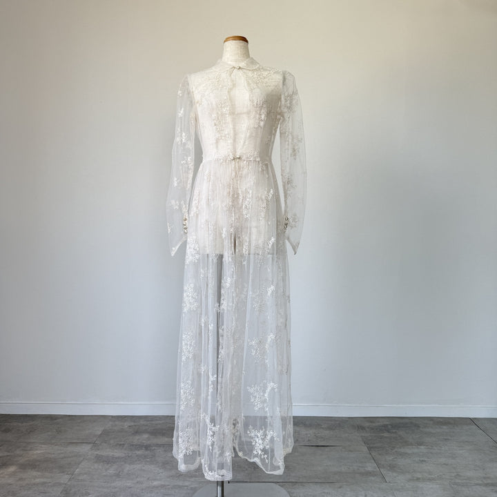 Lingerie gown, women's size L, maxi length, see-through unclear white type Vintage Second Hand