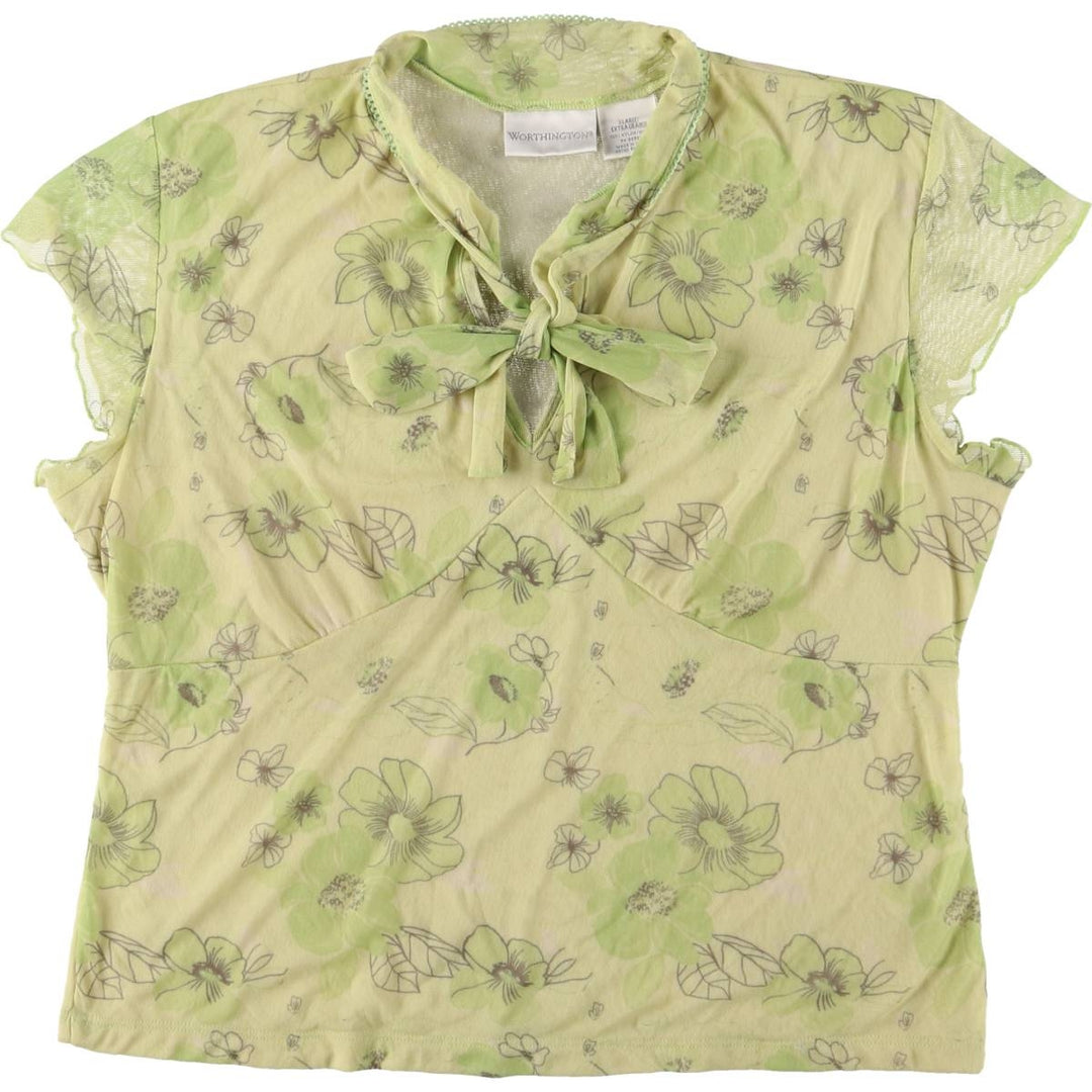WORTHINGTON All-over Floral Cap Sleeve Pullover Short Sleeve Bowtie Blouse Made in USA Women's XL Nylon green type yellow green Vintage Second Hand