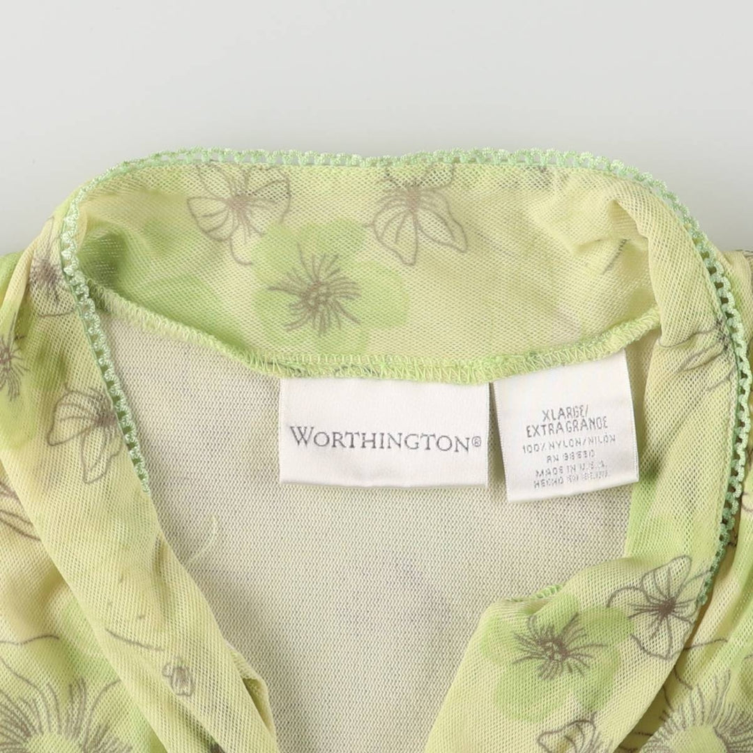 WORTHINGTON All-over Floral Cap Sleeve Pullover Short Sleeve Bowtie Blouse Made in USA Women's XL Nylon green type yellow green Vintage Second Hand
