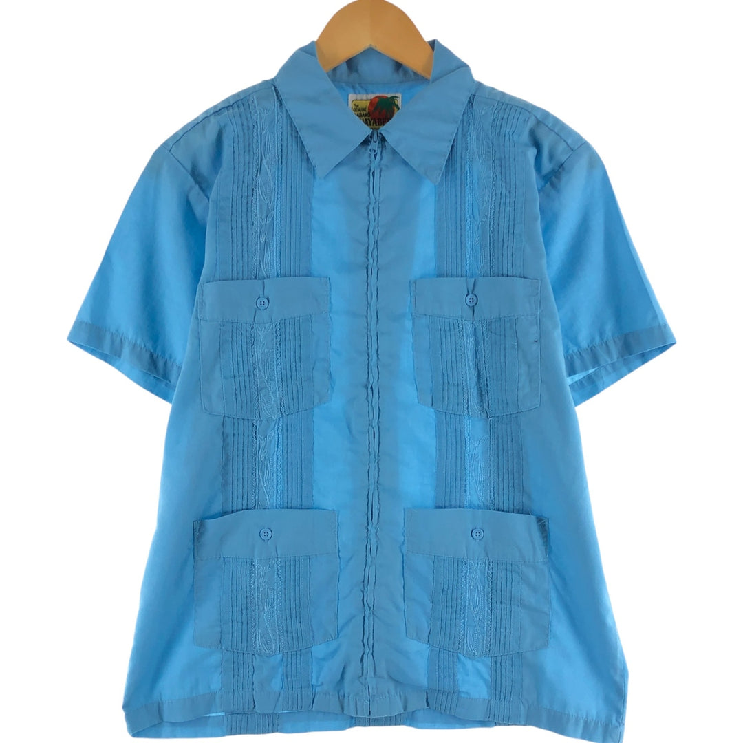 GUAYABERA Full Zip Short Sleeve Cuban Shirt Box Shirt Men's S Size polyester Blue type light blue Vintage Second Hand
