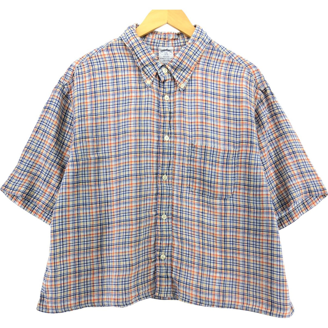 Brooks Brothers 1818 Check Pattern Button-down Short Sleeve Linen Shirt Men's XXL linen blue type Vintage Second Hand