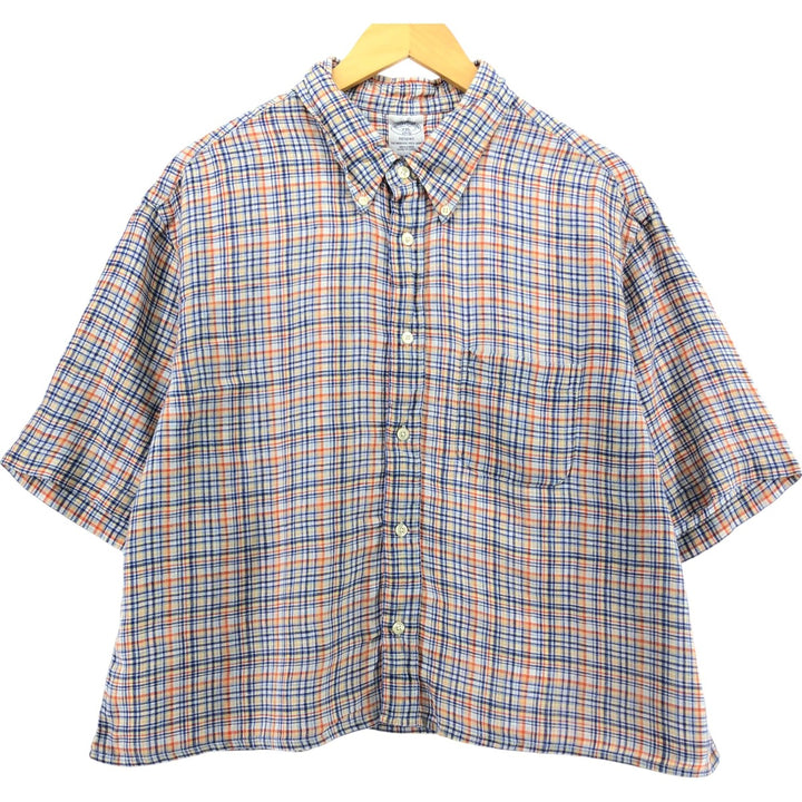 Brooks Brothers 1818 Check Pattern Button-down Short Sleeve Linen Shirt Men's XXL linen blue type Vintage Second Hand