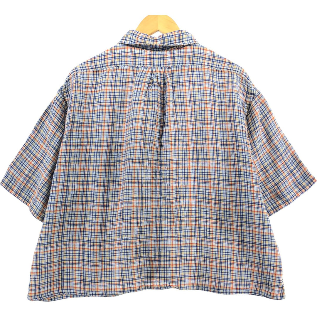Brooks Brothers 1818 Check Pattern Button-down Short Sleeve Linen Shirt Men's XXL linen blue type Vintage Second Hand