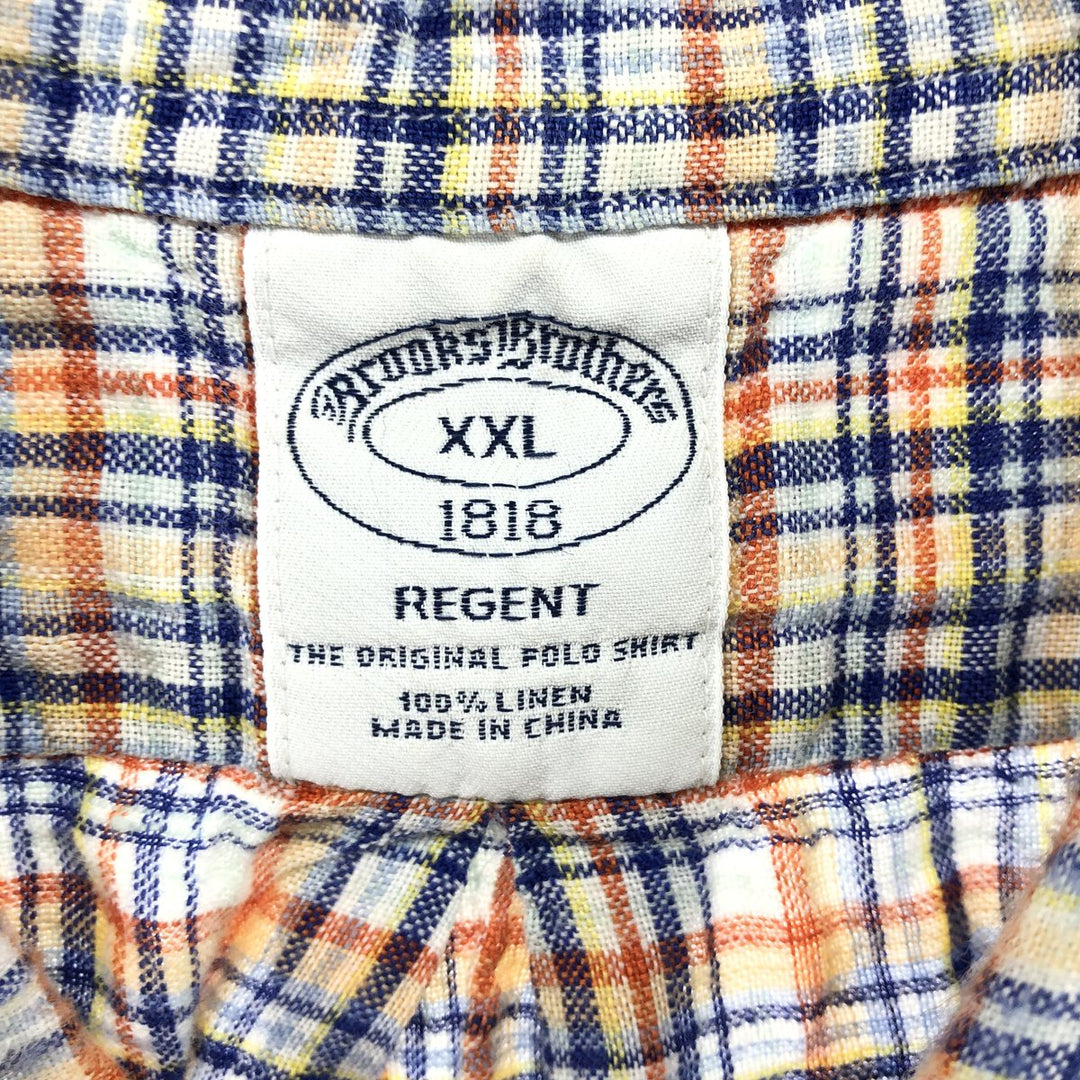 Brooks Brothers 1818 Check Pattern Button-down Short Sleeve Linen Shirt Men's XXL linen blue type Vintage Second Hand