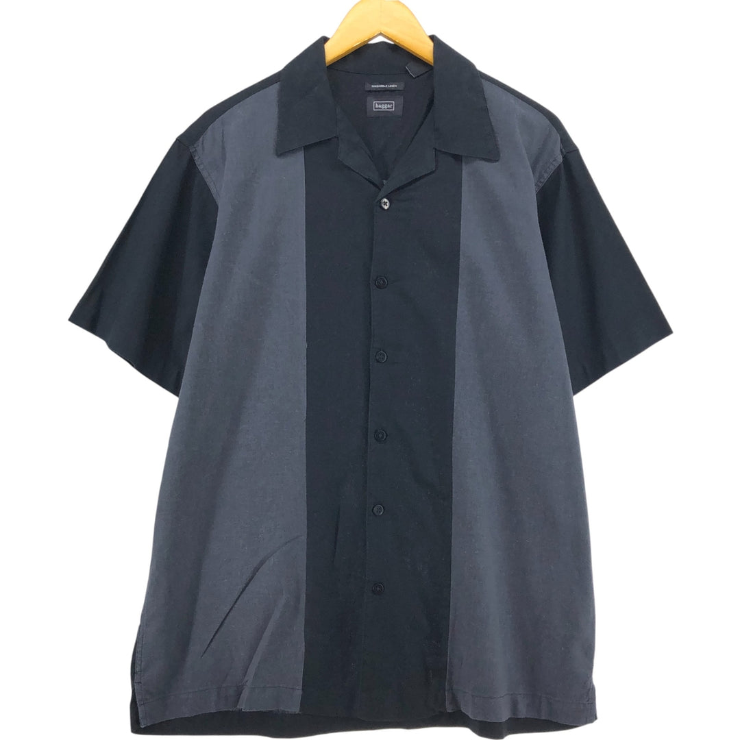 Haggar Two-tone short-sleeve open-collar rayon x linen box shirt, men's size L linen black type Vintage Second Hand