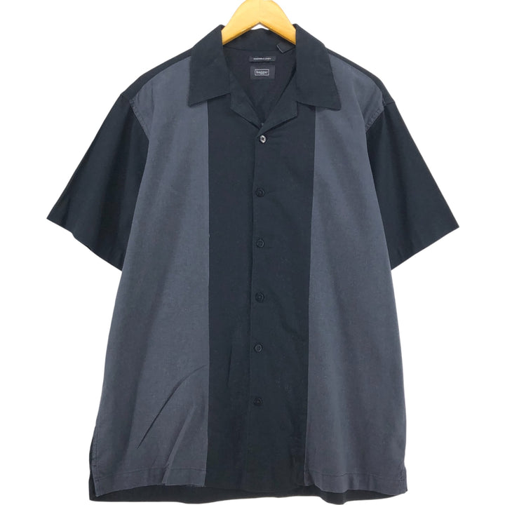Haggar Two-tone short-sleeve open-collar rayon x linen box shirt, men's size L linen black type Vintage Second Hand