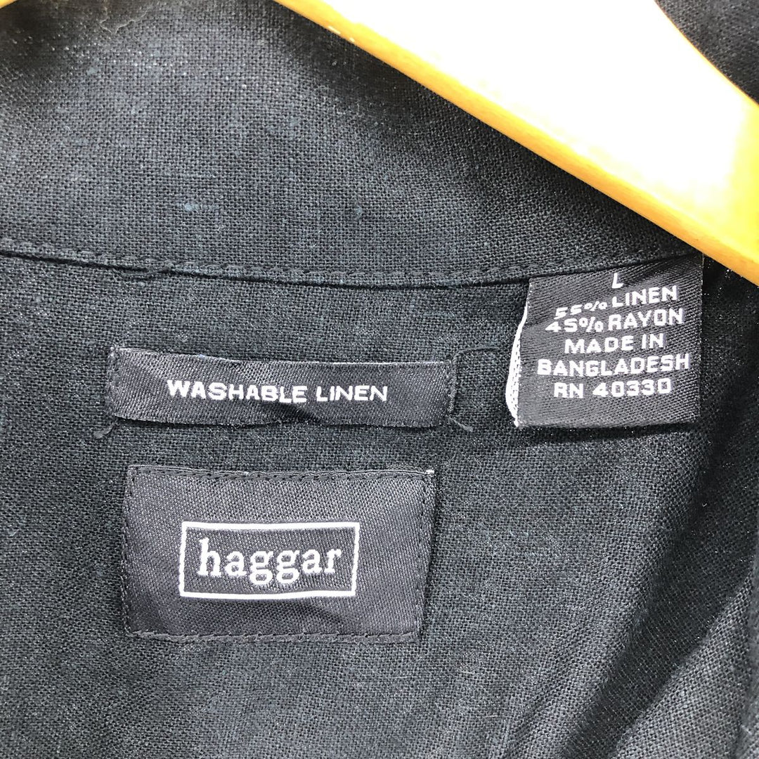 Haggar Two-tone short-sleeve open-collar rayon x linen box shirt, men's size L linen black type Vintage Second Hand