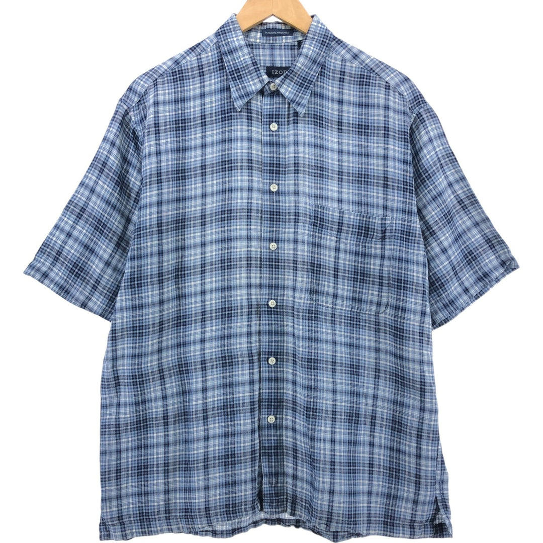 IZOD Check Pattern Short Sleeve Linen Shirt Box Shirt Men's M Size linen blue type Vintage Second Hand