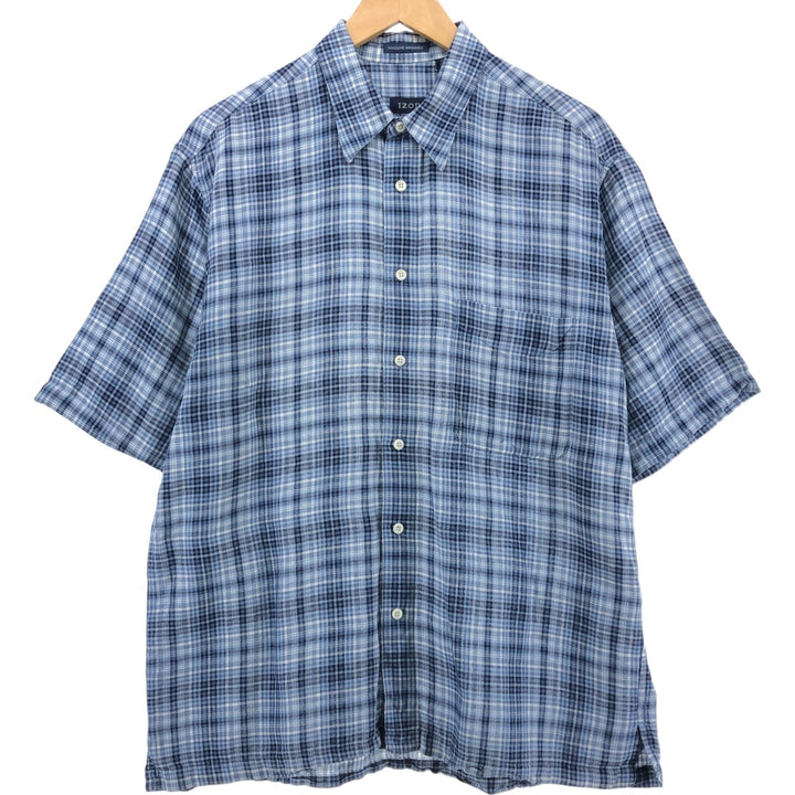 IZOD Check Pattern Short Sleeve Linen Shirt Box Shirt Men's M Size linen blue type Vintage Second Hand
