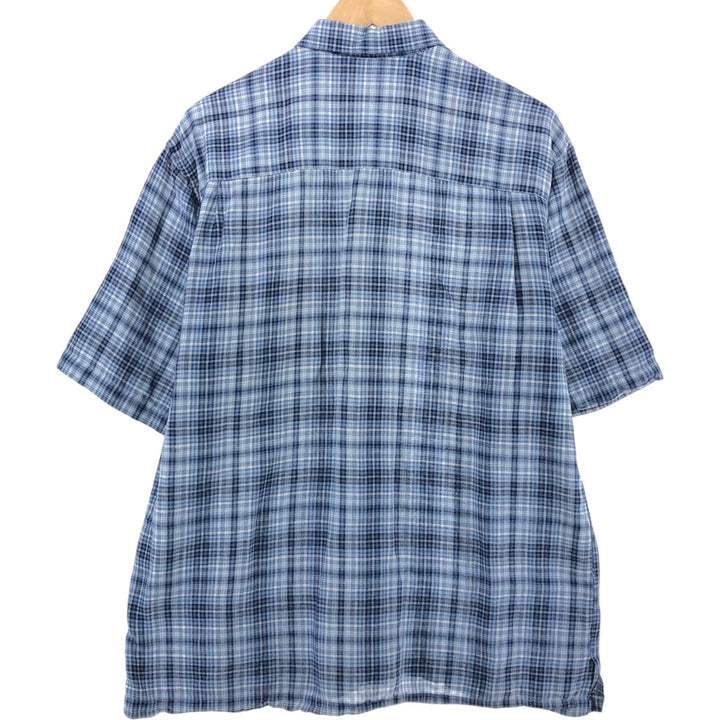 IZOD Check Pattern Short Sleeve Linen Shirt Box Shirt Men's M Size linen blue type Vintage Second Hand