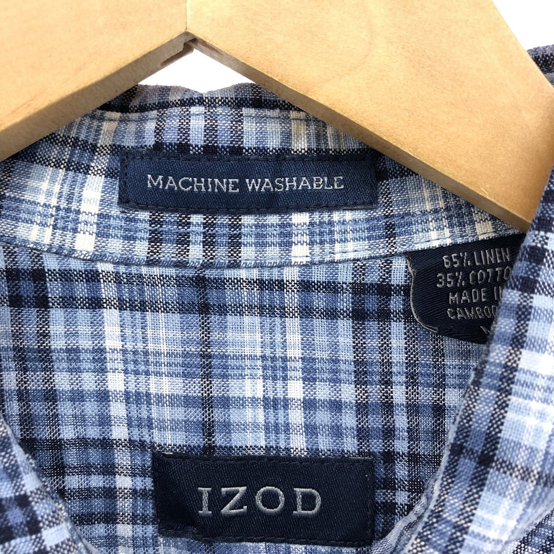 IZOD Check Pattern Short Sleeve Linen Shirt Box Shirt Men's M Size linen blue type Vintage Second Hand