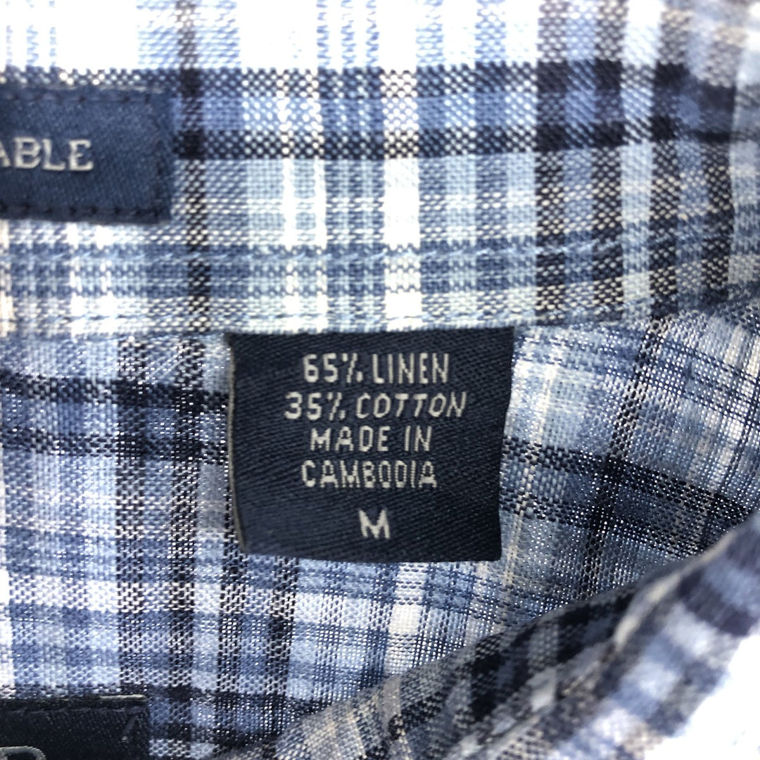 IZOD Check Pattern Short Sleeve Linen Shirt Box Shirt Men's M Size linen blue type Vintage Second Hand