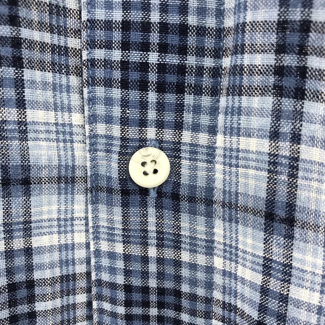 IZOD Check Pattern Short Sleeve Linen Shirt Box Shirt Men's M Size linen blue type Vintage Second Hand
