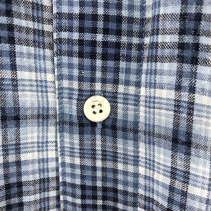 IZOD Check Pattern Short Sleeve Linen Shirt Box Shirt Men's M Size linen blue type Vintage Second Hand