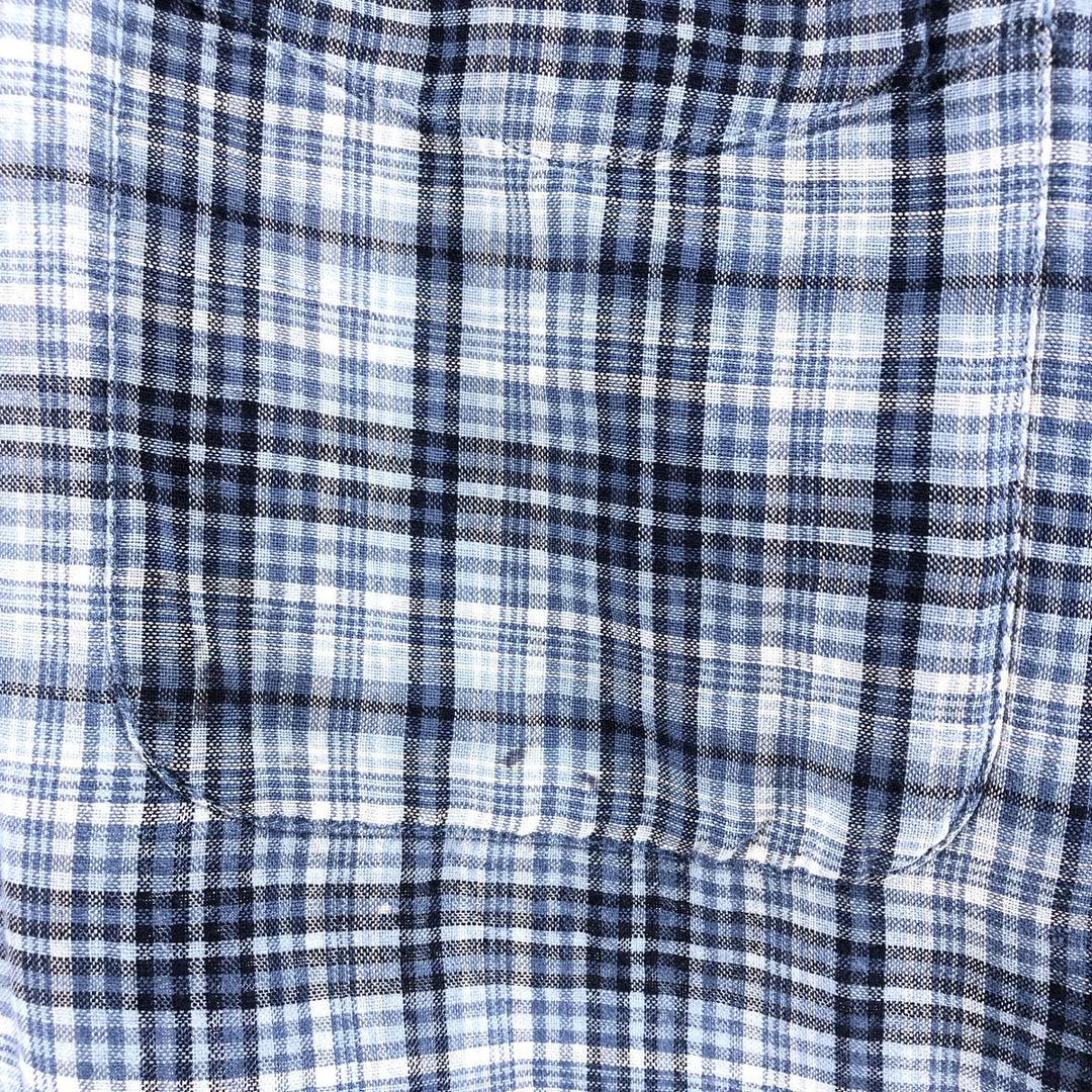 IZOD Check Pattern Short Sleeve Linen Shirt Box Shirt Men's M Size linen blue type Vintage Second Hand