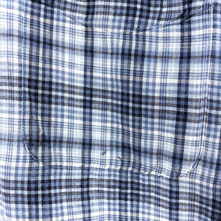 IZOD Check Pattern Short Sleeve Linen Shirt Box Shirt Men's M Size linen blue type Vintage Second Hand