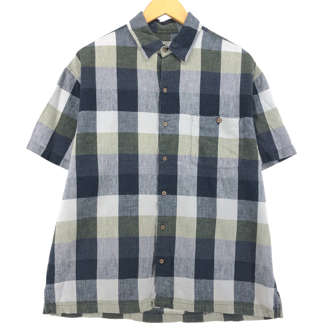 LA CABANA Check Pattern Short Sleeve Viscose x Linen Shirt Box Shirt Men's L Size Vintage linen gray type Vintage Second Hand
