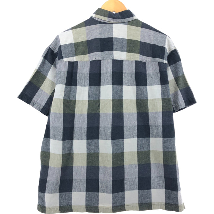 LA CABANA Check Pattern Short Sleeve Viscose x Linen Shirt Box Shirt Men's L Size Vintage linen gray type Vintage Second Hand