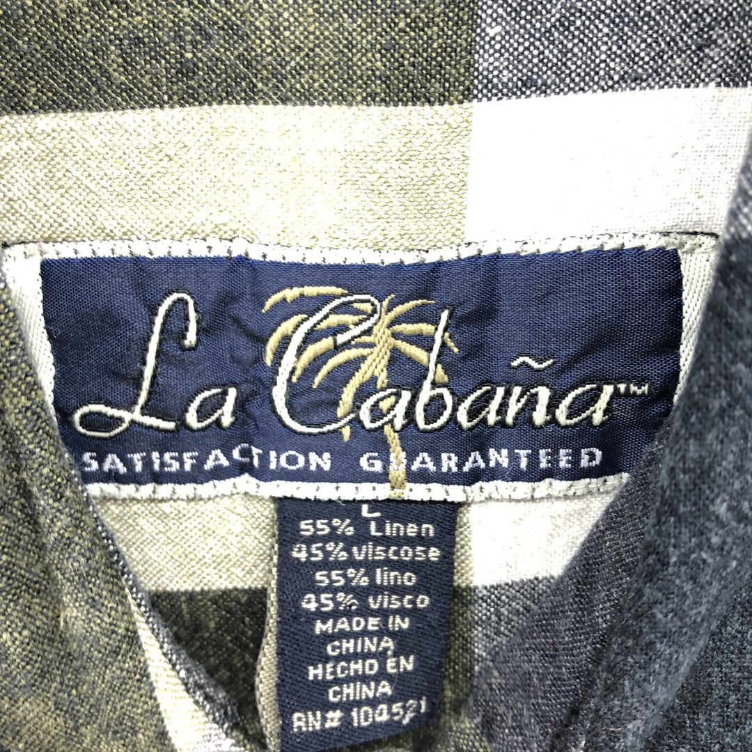 LA CABANA Check Pattern Short Sleeve Viscose x Linen Shirt Box Shirt Men's L Size Vintage linen gray type Vintage Second Hand