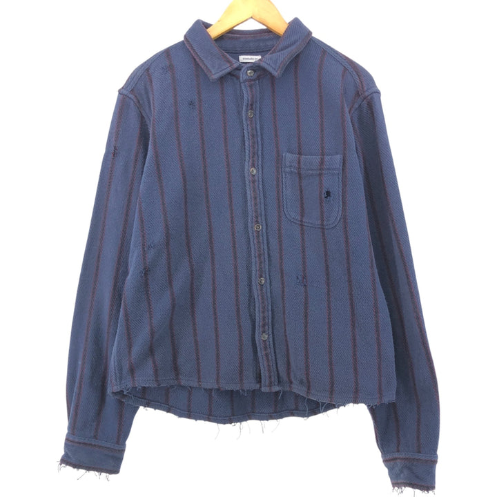 00'S GAP STAND FIT Stripe Pattern Long Sleeve Heavy Flannel Shirt Men's Size L cotton navy blue type Vintage Second Hand