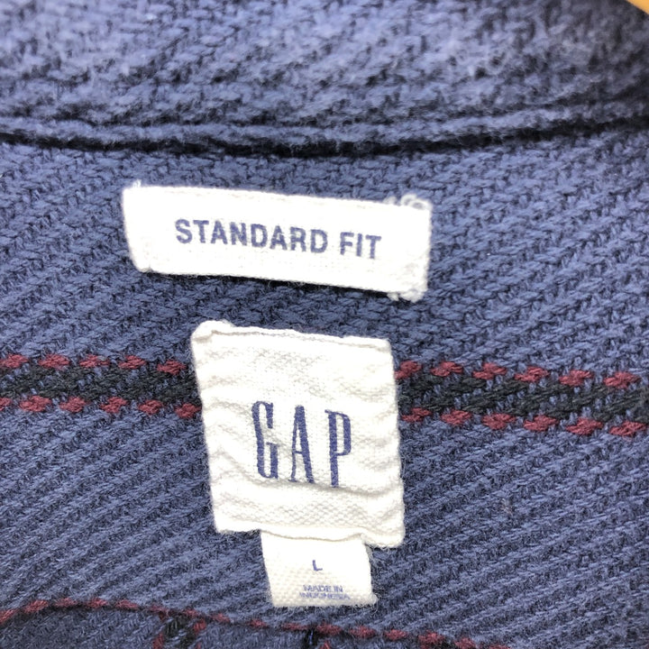 00'S GAP STAND FIT Stripe Pattern Long Sleeve Heavy Flannel Shirt Men's Size L cotton navy blue type Vintage Second Hand