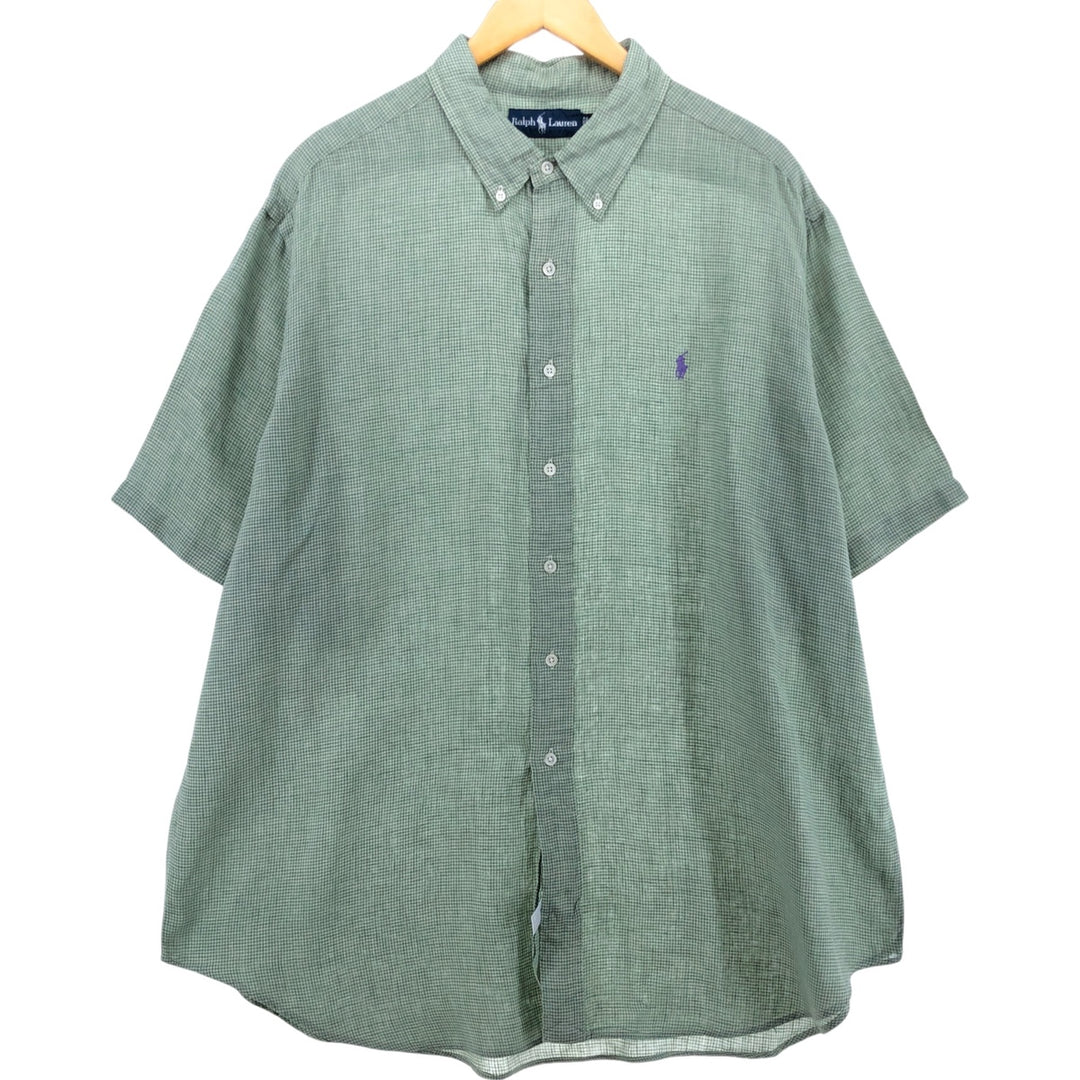Ralph Lauren Check Pattern Short Sleeve Linen Button Down Shirt Men's XXL linen green type Vintage Second Hand