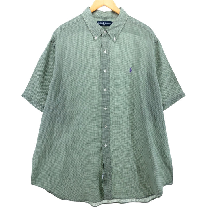 Ralph Lauren Check Pattern Short Sleeve Linen Button Down Shirt Men's XXL linen green type Vintage Second Hand