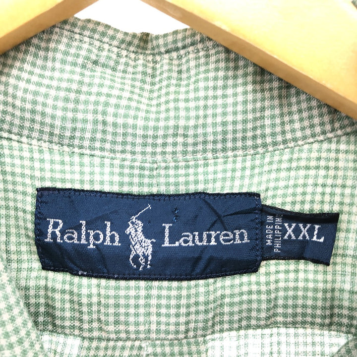 Ralph Lauren Check Pattern Short Sleeve Linen Button Down Shirt Men's XXL linen green type Vintage Second Hand