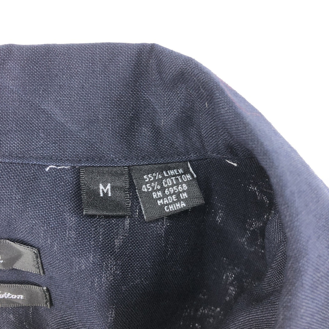 Oleg Cassini short sleeve open collar linen shirt box shirt men's M size linen navy blue type Vintage Second Hand