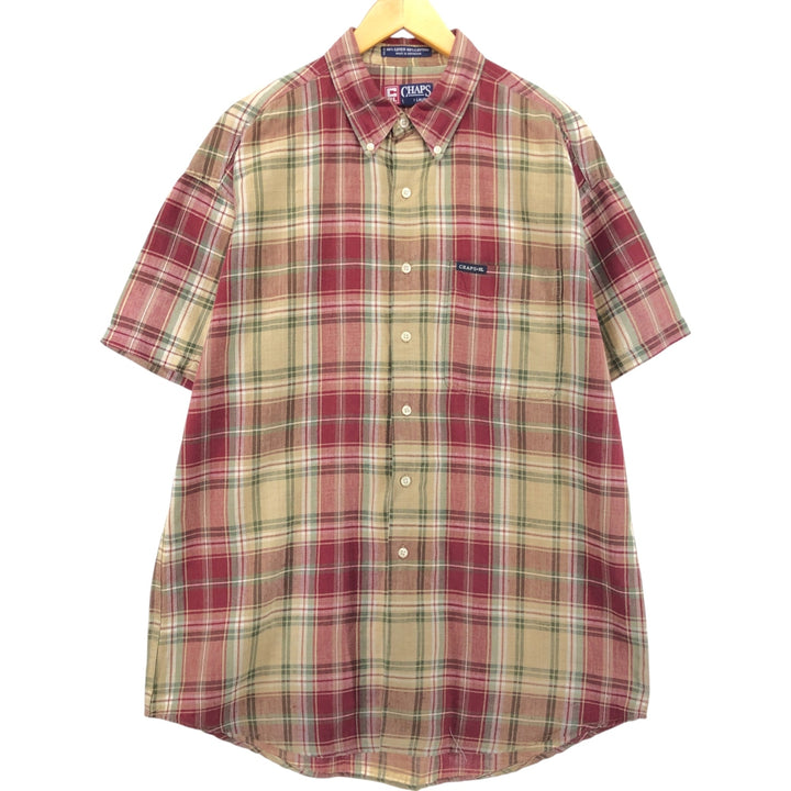 90'S Ralph Lauren CHAPS Check Pattern Short Sleeve Linen Button Down Shirt Men's Size L Vintage linen multicolor Vintage Second Hand