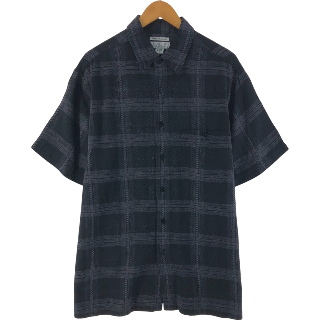 RON CHERE SKIN WASHABLE LINEN Check Pattern Short Sleeve Linen Shirt Box Shirt Men's L size linen black type Vintage Second Hand