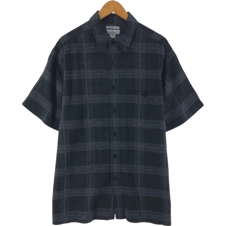 RON CHERE SKIN WASHABLE LINEN Check Pattern Short Sleeve Linen Shirt Box Shirt Men's L size linen black type Vintage Second Hand