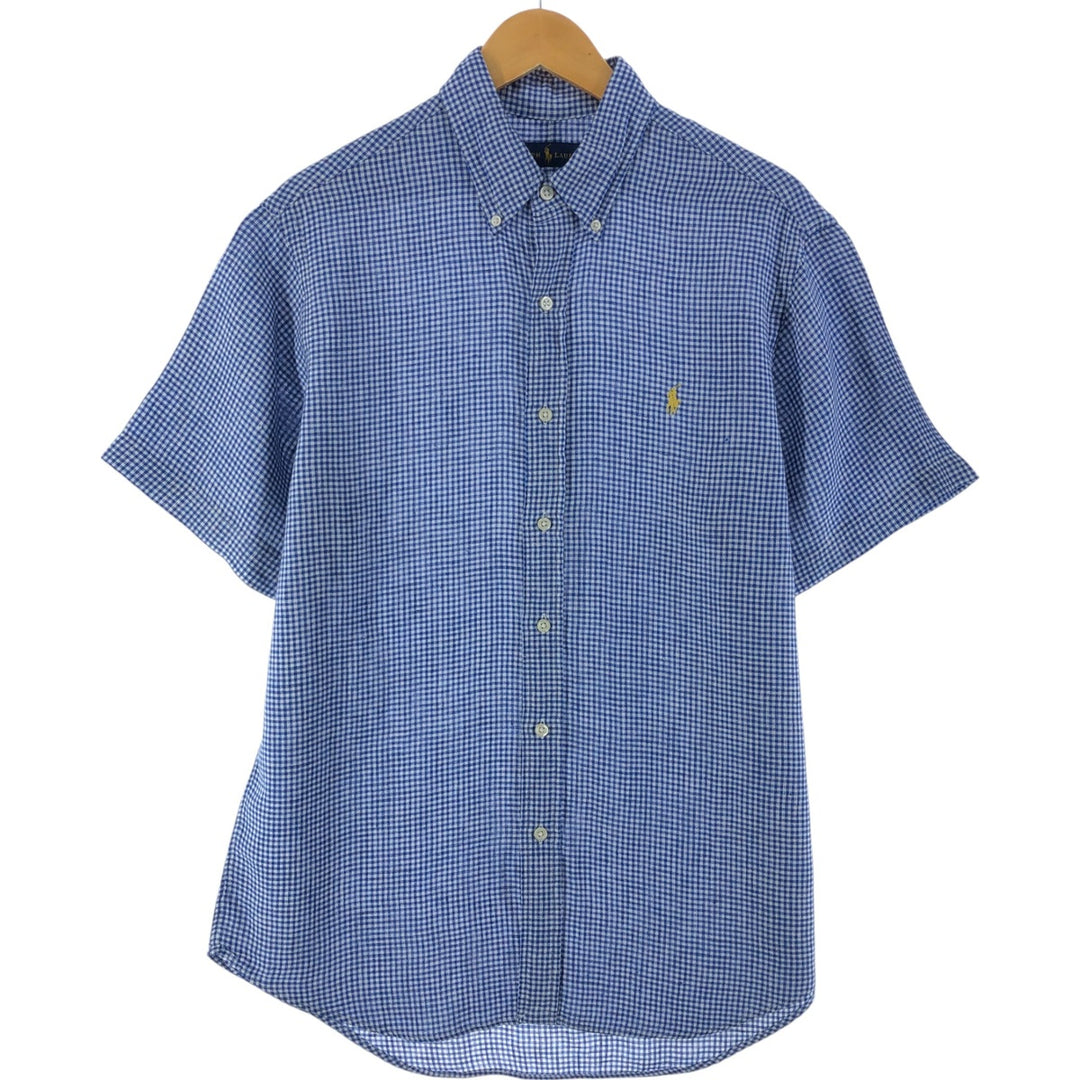 Ralph Lauren Gingham Check Short Sleeve Linen Button Down Shirt Men's M linen blue type Vintage Second Hand