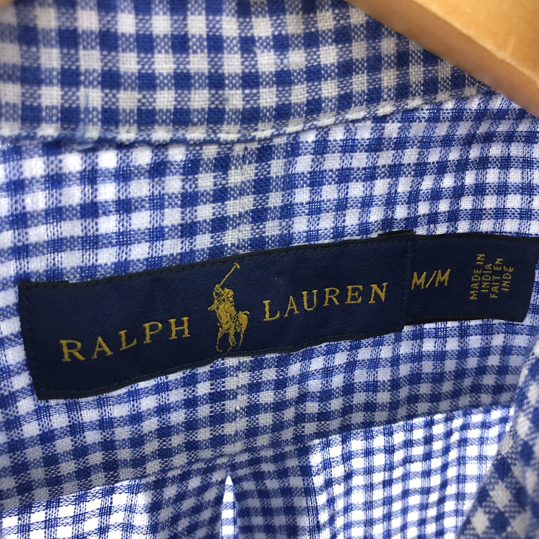 Ralph Lauren Gingham Check Short Sleeve Linen Button Down Shirt Men's M linen blue type Vintage Second Hand