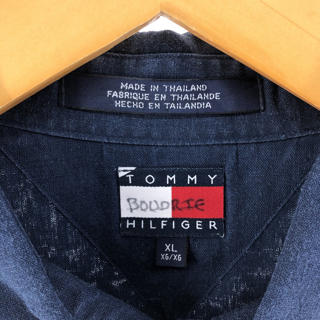 Tommy Hilfiger short sleeve linen shirt, box shirt, men's XL size linen navy blue type Vintage Second Hand