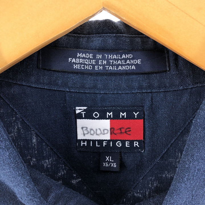 Tommy Hilfiger short sleeve linen shirt, box shirt, men's XL size linen navy blue type Vintage Second Hand