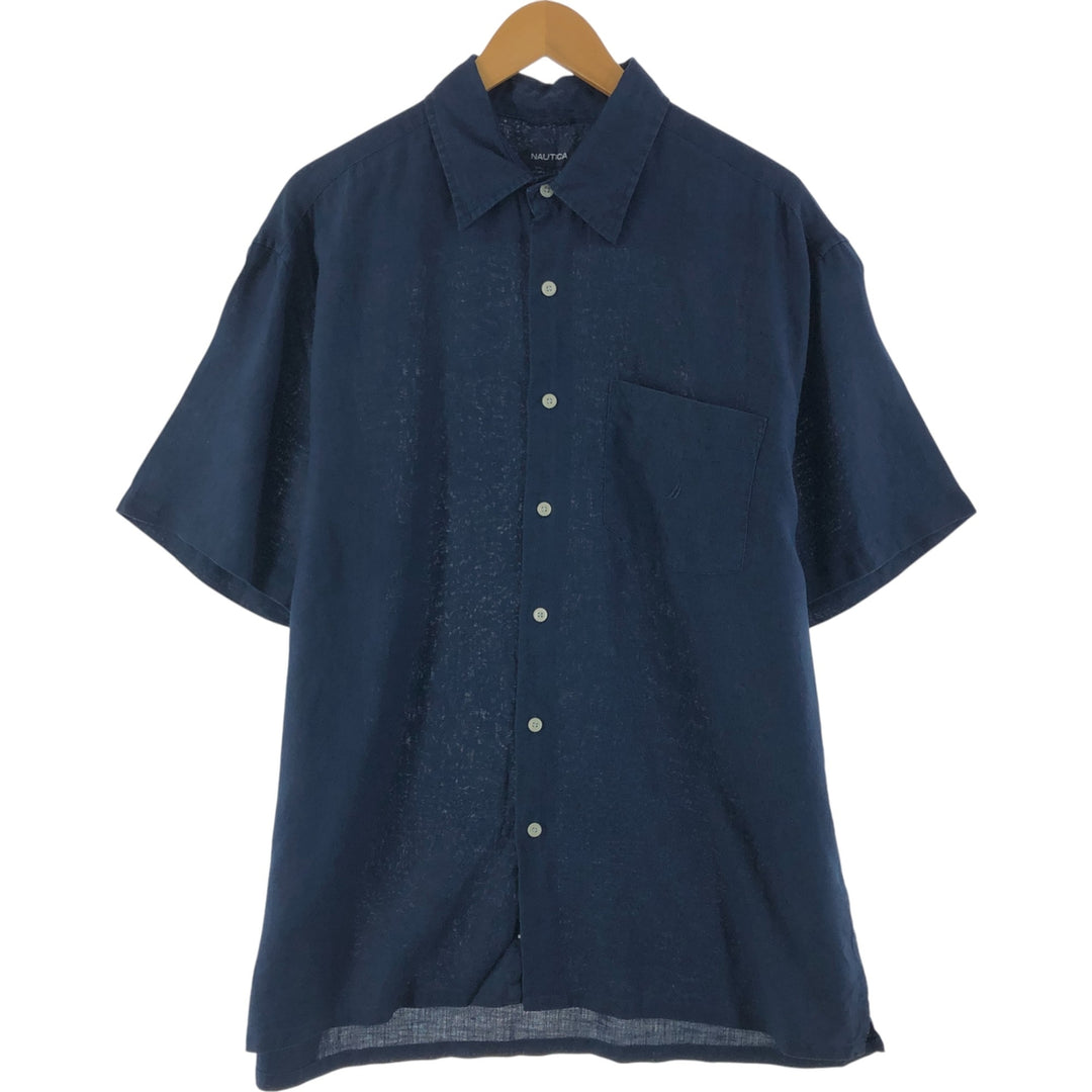 00'S NAUTICA short sleeve linen shirt, box shirt, men's size L linen navy blue type Vintage Second Hand