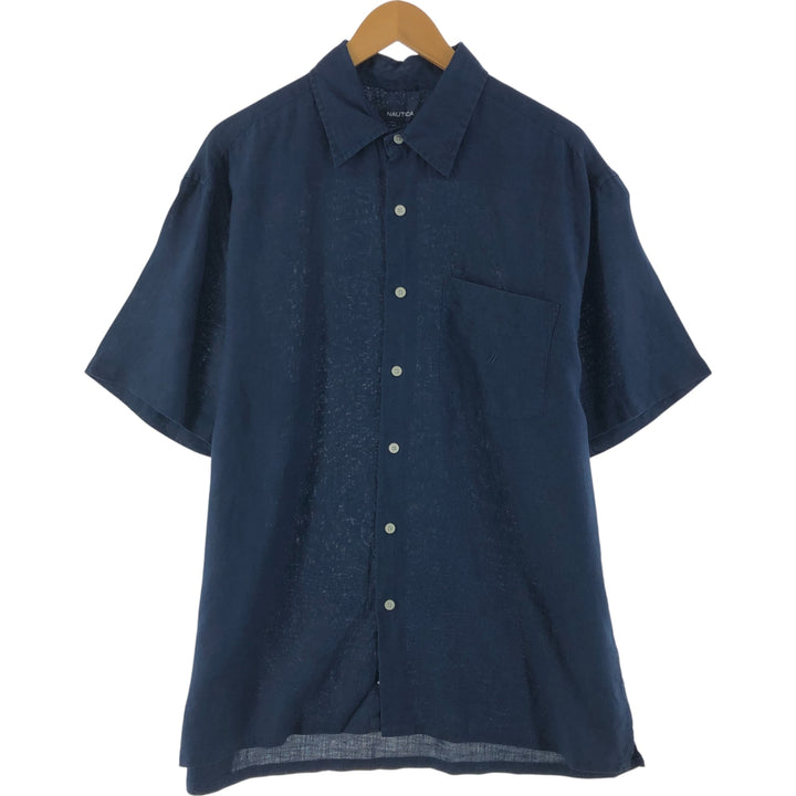 00'S NAUTICA short sleeve linen shirt, box shirt, men's size L linen navy blue type Vintage Second Hand