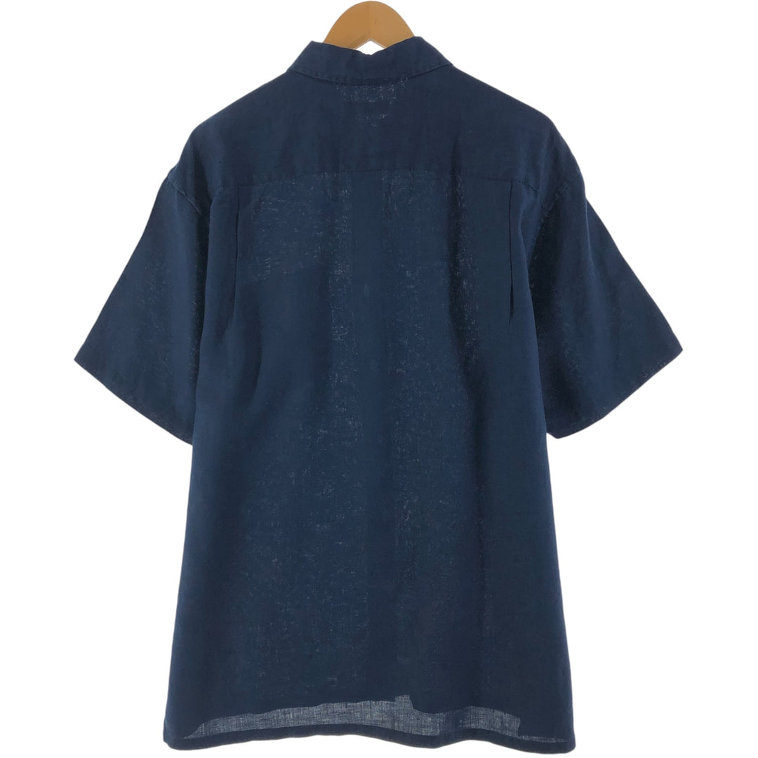 00'S NAUTICA short sleeve linen shirt, box shirt, men's size L linen navy blue type Vintage Second Hand