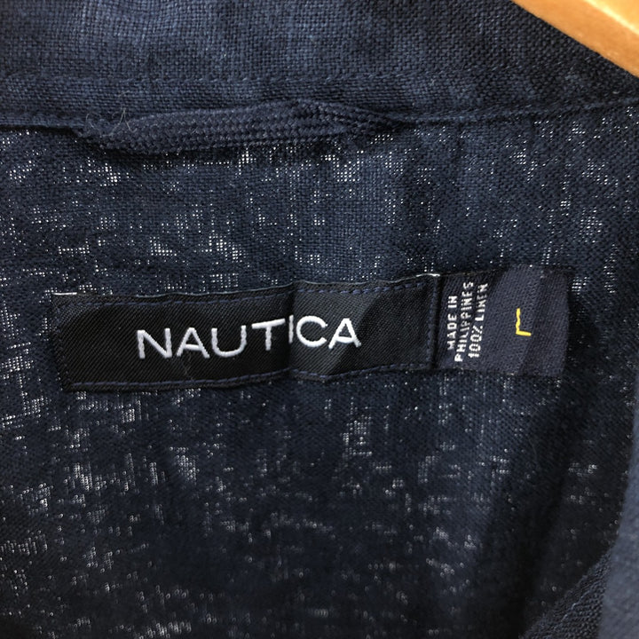 00'S NAUTICA short sleeve linen shirt, box shirt, men's size L linen navy blue type Vintage Second Hand