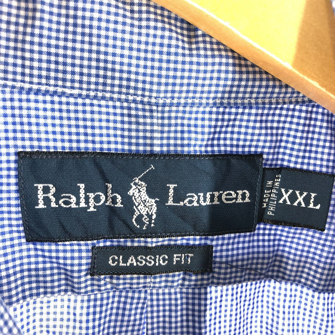 Ralph Lauren Classic Fit Gingham Check Short Sleeve Button Down Check Shirt Box Shirt Men's XXL cotton blue type Vintage Second Hand