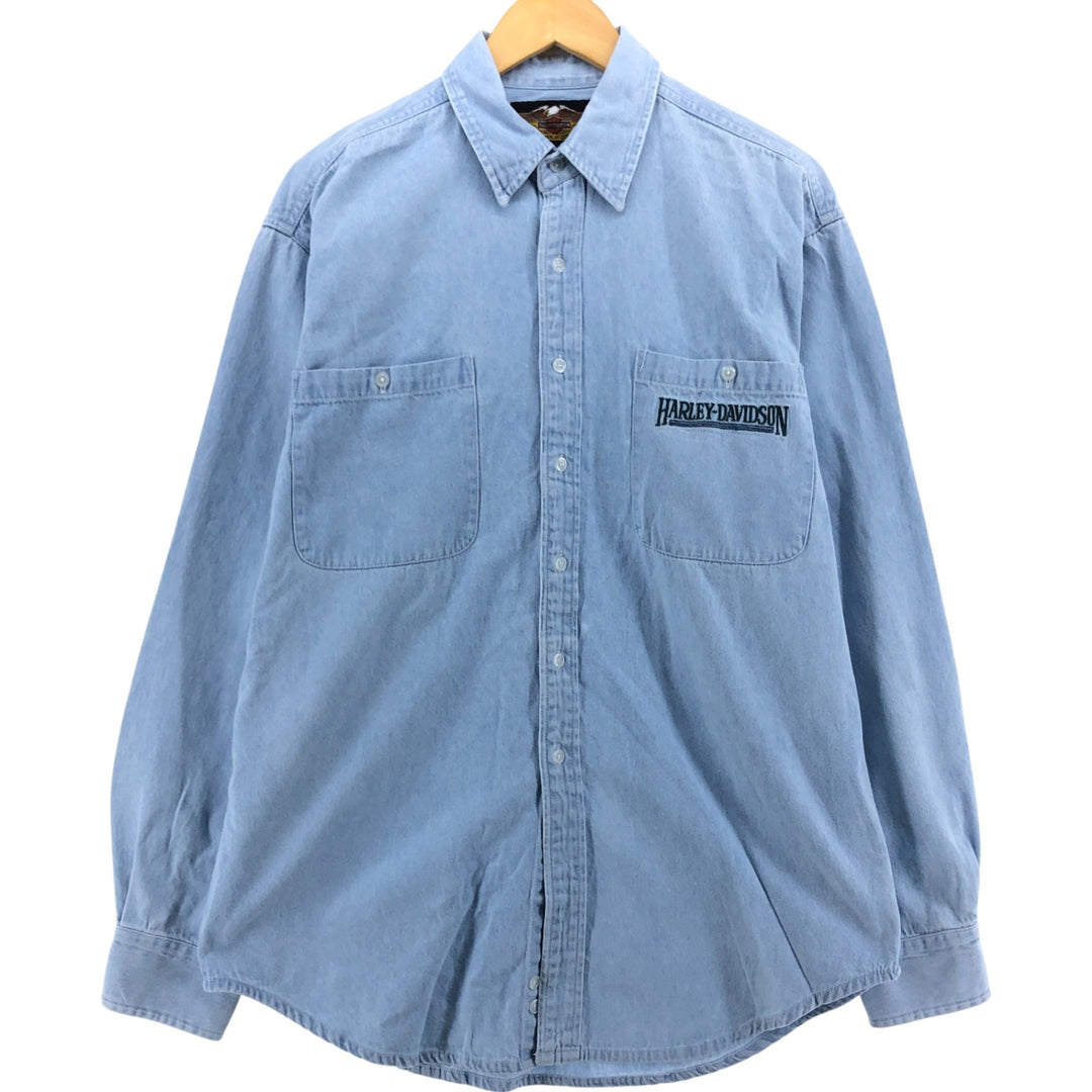Harley-Davidson Long Sleeve Denim Shirt, Men's Size L cotton blue type Vintage Second Hand